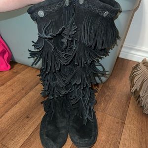 Tall black fringe Minnetonka boots